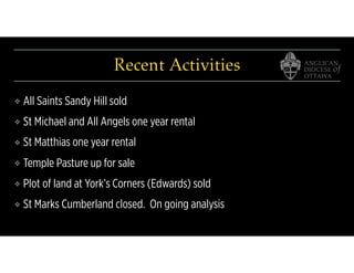 Recent Activities
❖ All Saints Sandy Hill sold
❖ St Michael and All Angels one year rental
❖ St Matthias one year rental
❖ Temple Pasture up for sale
❖ Plot of land at York’s Corners (Edwards) sold
❖ St Marks Cumberland closed. On going analysis
 