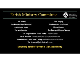 Parish Ministry Committee
Lynn Burritt
The Reverend Kerri Brennan
Christopher Jones
Derwyn Sangster
Enhancing parishes’ growth in faith and ministry
Ron Brophy
The Reverend Rick Durrett
Michael Perkin
The Reverend Rhonda Waters
The Very Reverend Shane Parker ~ Resource Person
Leslie Giddings ~ Children, Youth and Adult Education Facilitator
The Reverend Canon Peter Lackey ~ Parish Ministries Institute Director
The Reverend Beth Bretzlaff ~ Chair
 