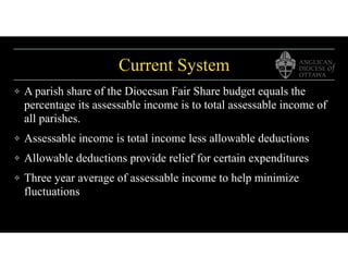 Current System
❖ A parish share of the Diocesan Fair Share budget equals the
percentage its assessable income is to total assessable income of
all parishes.
❖ Assessable income is total income less allowable deductions
❖ Allowable deductions provide relief for certain expenditures
❖ Three year average of assessable income to help minimize
fluctuations
 