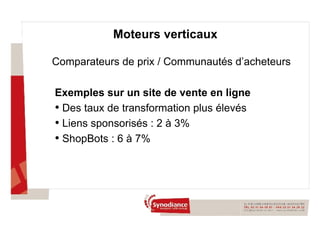 Moteurs verticaux Comparateurs de prix / Communautés d’acheteurs Exemples sur un site de vente en ligne Des taux de transformation plus élevés Liens sponsorisés : 2 à 3% ShopBots : 6 à 7% 