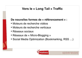 Vers le « Long Tail » Traffic De nouvelles formes de « référencement » : Moteurs de recherche vidéos Moteurs de recherche verticaux Réseaux sociaux Réseaux de « Micro-Blogging » Social Media Optimization (Bookmarking, RSS …) 