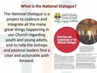 What is the National Dialogue?
The National Dialogue is a
project to coalesce and
integrate all the many
great things happening in
our Church regarding
youth and young adults,
and to help the bishops
and pastoral leaders find a
clear and actionable path
forward.
 