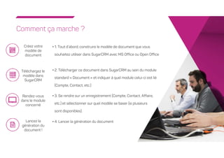 3
Comment ça marche ?
• 1. Tout d’abord, construire le modèle de document que vous
souhaitez utiliser dans SugarCRM avec MS Office ou Open Office
Téléchargez le
modèle dans
SugarCRM
Créez votre
modèle de
document
Rendez-vous
dans le module
concerné
Lancez la
génération du
document !
• 2. Télécharger ce document dans SugarCRM au sein du module
standard « Document » et indiquer à quel module celui-ci est lié
(Compte, Contact, etc.)
• 3. Se rendre sur un enregistrement (Compte, Contact, Affaire,
etc.) et sélectionner sur quel modèle se baser (si plusieurs
sont disponibles).
• 4. Lancer la génération du document
 