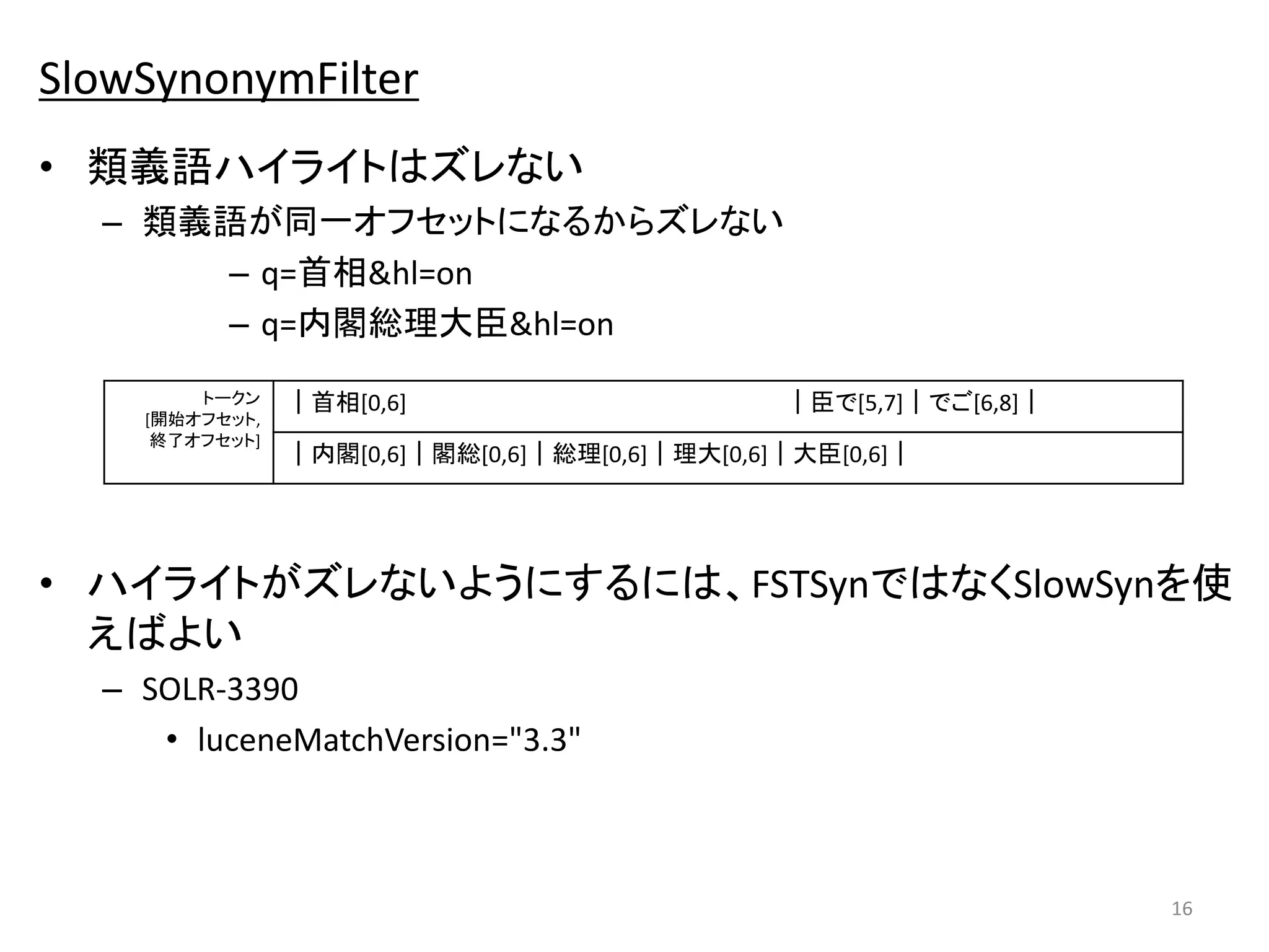 SlowSynonymFilter 
• 類義語ハイライトはズレない 
– 類義語が同一オフセットになるからズレない 
– q=首相&hl=on 
– q=内閣総理大臣&hl=on 
• ハイライトがズレないようにするには、FSTSynではなくSlowSynを使 
えばよい 
– SOLR-3390 
• luceneMatchVersion="3.3" 
16 
トークン 
[開始オフセット, 
終了オフセット] 
｜首相[0,6] ｜臣で[5,7]｜でご[6,8]｜ 
｜内閣[0,6]｜閣総[0,6]｜総理[0,6]｜理大[0,6]｜大臣[0,6]｜ 
 