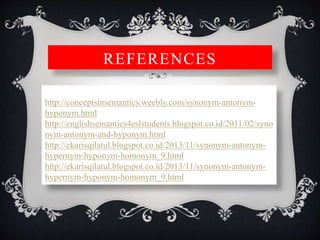 REFERENCES
http://conceptsinsemantics.weebly.com/synonym-antonym-
hyponym.html
http://englishsemantics4eslstudents.blogspot.co.id/2011/02/syno
nym-antonym-and-hyponym.html
http://ekarisqilatul.blogspot.co.id/2013/11/synonym-antonym-
hypernym-hyponym-homonym_9.html
http://ekarisqilatul.blogspot.co.id/2013/11/synonym-antonym-
hypernym-hyponym-homonym_9.html
 