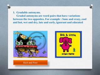 1. Gradable antonyms.
Graded antonyms are word pairs that have variations
between the two opposites. For example : Sane and crazy, cool
and hot, wet and dry, late and early, ignorant and educated
Rich and Poor
 