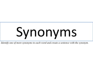 Synonyms Identify one of more synonyms to each word and create a sentence with the synonym.  