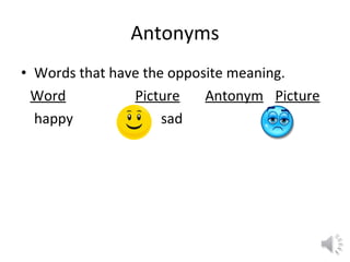 Antonyms Words that have the opposite meaning. Word Picture Antonym Picture happy sad 