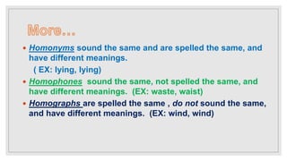  Homonyms sound the same and are spelled the same, and
have different meanings.
( EX: lying, lying)
 Homophones sound the same, not spelled the same, and
have different meanings. (EX: waste, waist)
 Homographs are spelled the same , do not sound the same,
and have different meanings. (EX: wind, wind)
 
