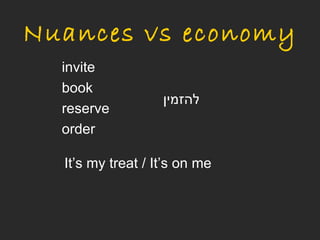 Nuances vs economy
  invite
  book
                   ‫להזמין‬
  reserve
  order

  It’s my treat / It’s on me
 