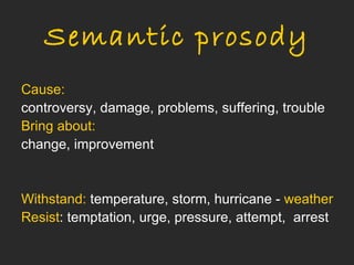 Semantic prosody
Cause:
controversy, damage, problems, suffering, trouble
Bring about:
change, improvement


Withstand: temperature, storm, hurricane - weather
Resist: temptation, urge, pressure, attempt, arrest
 
