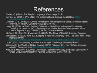 References
Barber, C. (1993). The English Language. Cambridge: CUP
Davies, M. (2004-). BYU-BNC: The British National Corpus. Available at http://
    corpus.byu.edu/bnc
Gardner, D. & Davies, M. (2007). Pointing out frequent phrasal verbs: A corpus-based
    analysis. In TESOL Quarterly 41(2), pp 339-359
Hoey, M. (2000). A World Beyond Collocation: New Perspectives on Vocabulary
    Teaching. In Lewis. M (ed.), Teaching Collocation: Further Developments in the
    Lexical Approach. (pp. 224-243). Hove: Thomson-Heinle
McCrum, R., Cran, W. & MacNeil, R. (2002). The Story of English. London: Penguin.
Schuessler, J. (2009, June 13). Keeping It Real on Dictionary Row. The New York Times.
    Retrieved from
    http://www.nytimes.com/2009/06/14/weekinreview/14shuessler.html?_r=2
Ur, P. (2012). Vocabulary activities. Cambridge: Cambridge University Press
Welcome to the World of Global English. (2010, February 24). The Global Language
    Monitor. Retrieved from http://www.languagemonitor.com/
Xiao, R. & McEnery, T. (2006). Collocation, Semantic Prosody, and Near Synonymy: A
    Cross-Linguistic Perspective. Applied Linguistics, 27(1), 103-129
 