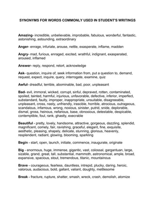 SYNONYMS FOR WORDS COMMONLY USED IN STUDENT'S WRITINGS

Amazing- incredible, unbelievable, improbable, fabulous, wonderful, fantastic,
astonishing, astounding, extraordinary
Anger- enrage, infuriate, arouse, nettle, exasperate, inflame, madden
Angry- mad, furious, enraged, excited, wrathful, indignant, exasperated,
aroused, inflamed
Answer- reply, respond, retort, acknowledge
Ask- question, inquire of, seek information from, put a question to, demand,
request, expect, inquire, query, interrogate, examine, quiz
Awful- dreadful, terrible, abominable, bad, poor, unpleasant
Bad- evil, immoral, wicked, corrupt, sinful, depraved, rotten, contaminated,
spoiled, tainted, harmful, injurious, unfavorable, defective, inferior, imperfect,
substandard, faulty, improper, inappropriate, unsuitable, disagreeable,
unpleasant, cross, nasty, unfriendly, irascible, horrible, atrocious, outrageous,
scandalous, infamous, wrong, noxious, sinister, putrid, snide, deplorable,
dismal, gross, heinous, nefarious, base, obnoxious, detestable, despicable,
contemptible, foul, rank, ghastly, execrable
Beautiful - pretty, lovely, handsome, attractive, gorgeous, dazzling, splendid,
magnificent, comely, fair, ravishing, graceful, elegant, fine, exquisite,
aesthetic, pleasing, shapely, delicate, stunning, glorious, heavenly,
resplendent, radiant, glowing, blooming, sparkling
Begin - start, open, launch, initiate, commence, inaugurate, originate
Big - enormous, huge, immense, gigantic, vast, colossal, gargantuan, large,
sizable, grand, great, tall, substantial, mammoth, astronomical, ample, broad,
expansive, spacious, stout, tremendous, titanic, mountainous
Brave - courageous, fearless, dauntless, intrepid, plucky, daring, heroic,
valorous, audacious, bold, gallant, valiant, doughty, mettlesome
Break - fracture, rupture, shatter, smash, wreck, crash, demolish, atomize

 