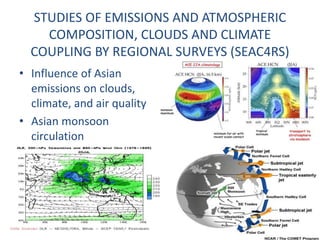 STUDIES OF EMISSIONS AND ATMOSPHERIC 
COMPOSITION, CLOUDS AND CLIMATE 
COUPLING BY REGIONAL SURVEYS (SEAC4RS) 
• Influence of Asian 
emissions on clouds, 
climate, and air quality 
• Asian monsoon 
circulation 
 