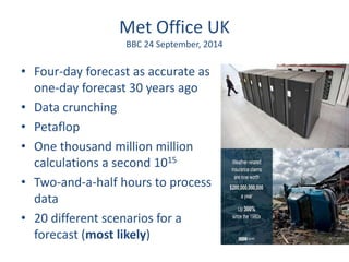 Met Office UK 
BBC 24 September, 2014 
• Four-day forecast as accurate as 
one-day forecast 30 years ago 
• Data crunching 
• Petaflop 
• One thousand million million 
calculations a second 1015 
• Two-and-a-half hours to process 
data 
• 20 different scenarios for a 
forecast (most likely) 
 
