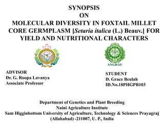 SYNOPSIS
ON
MOLECULAR DIVERSITY IN FOXTAIL MILLET
CORE GERMPLASM [Setaria italica (L.) Beauv.] FOR
YIELD AND NUTRITIONAL CHARACTERS
STUDENT
D. Grace Beulah
ID.No.18PHGPB103
ADVISOR
Dr. G. Roopa Lavanya
Associate Professor
Department of Genetics and Plant Breeding
Naini Agriculture Institute
Sam Higginbottom University of Agriculture, Technology & Sciences Prayagraj
(Allahabad) -211007, U. P., India
 