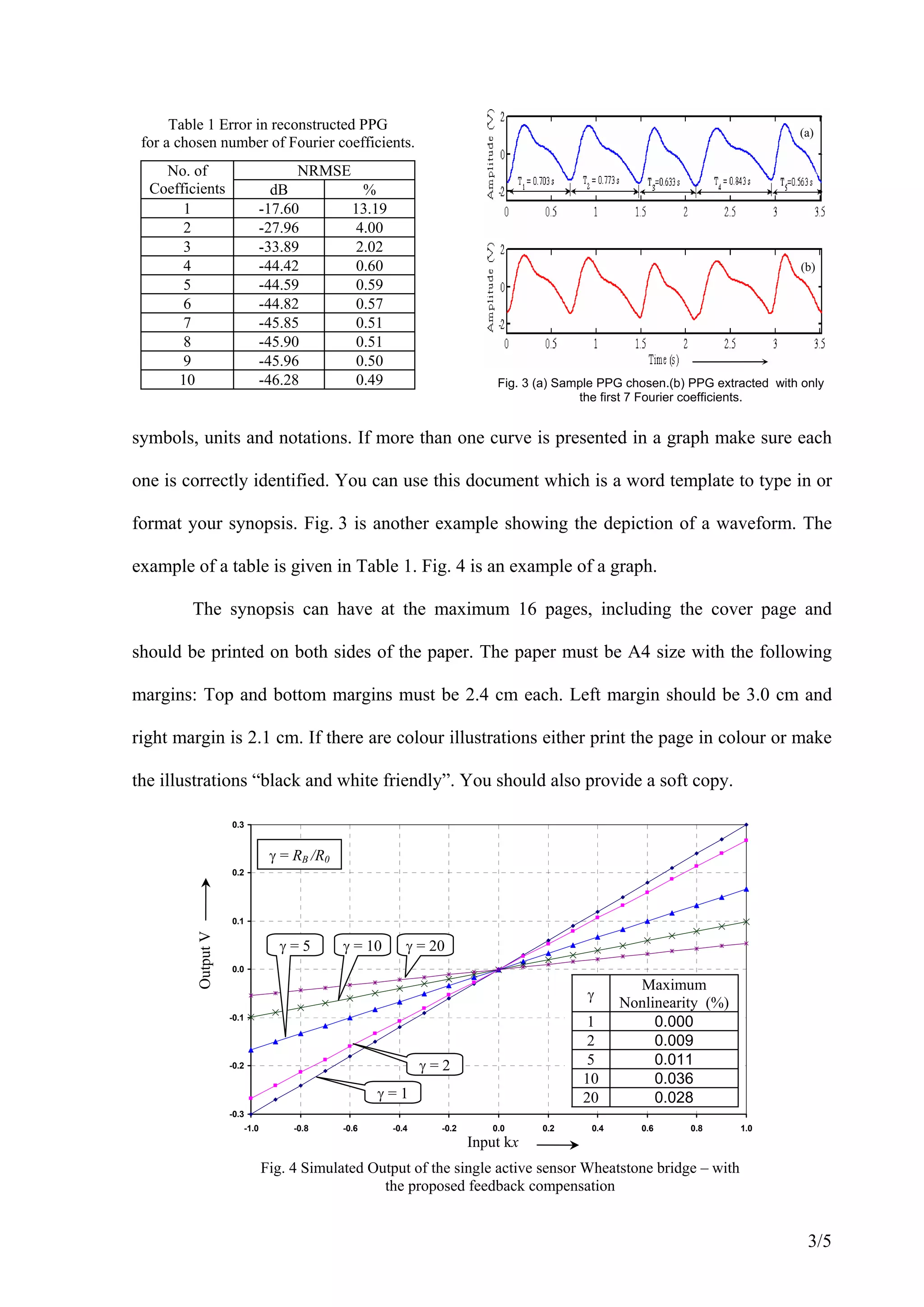 Table 1 Error in reconstructed PPG                                                                                     (a)
 for a chosen number of Fourier coefficients.
    No. of                           NRMSE
  Coefficients                   dB          %
       1                       -17.60      13.19
       2                       -27.96       4.00
       3                       -33.89       2.02
       4                       -44.42       0.60                                                                              (b)
       5                       -44.59       0.59
       6                       -44.82       0.57
       7                       -45.85       0.51
       8                       -45.90       0.51
       9                       -45.96       0.50
      10                       -46.28       0.49                          Fig. 3 (a) Sample PPG chosen.(b) PPG extracted with only
                                                                                        the first 7 Fourier coefficients.


symbols, units and notations. If more than one curve is presented in a graph make sure each

one is correctly identified. You can use this document which is a word template to type in or

format your synopsis. Fig. 3 is another example showing the depiction of a waveform. The

example of a table is given in Table 1. Fig. 4 is an example of a graph.

         The synopsis can have at the maximum 16 pages, including the cover page and

should be printed on both sides of the paper. The paper must be A4 size with the following

margins: Top and bottom margins must be 2.4 cm each. Left margin should be 3.0 cm and

right margin is 2.1 cm. If there are colour illustrations either print the page in colour or make

the illustrations “black and white friendly”. You should also provide a soft copy.

                     0.3


                                γ = RB /R0
                     0.2




                     0.1
          Output V




                                  γ=5        γ = 10      γ = 20
                     0.0

                                                                                                  Maximum
                                                                                         γ
                                                                                                Nonlinearity (%)
                     -0.1
                                                                                        1            0.000
                                                                                        2            0.009
                     -0.2                                    γ=2                        5            0.011
                                                                                        10           0.036
                                                    γ=1                                 20           0.028
                     -0.3
                        -1.0        -0.8     -0.6     -0.4     -0.2      0.0     0.2      0.4      0.6     0.8     1.0
                                                                      Input kx
                               Fig. 4 Simulated Output of the single active sensor Wheatstone bridge – with
                                                  the proposed feedback compensation


                                                                                                                               3/5
 
