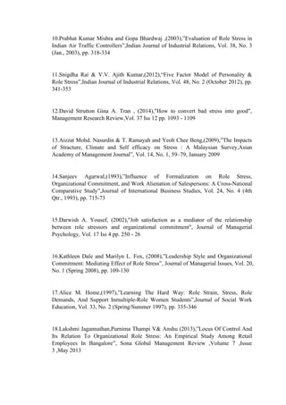 10.Prabhat Kumar Mishra and Gopa Bhardwaj ,(2003),”Evaluation of Role Stress in
Indian Air Traffic Controllers”,Indian Journal of Industrial Relations, Vol. 38, No. 3
(Jan., 2003), pp. 318-334
11.Snigdha Rai & V.V. Ajith Kumar,(2012),“Five Factor Model of Personality &
Role Stress”,Indian Journal of Industrial Relations, Vol. 48, No. 2 (October 2012), pp.
341-353
12.David Strutton Gina A. Tran , (2014),"How to convert bad stress into good",
Management Research Review,Vol. 37 Iss 12 pp. 1093 - 1109
13.Aizzat Mohd. Nasurdin & T. Ramayah and Yeoh Chee Beng,(2009),”The Impacts
of Stracture, Climate and Self efficacy on Stress : A Malaysian Survey,Asian
Academy of Management Journal”, Vol. 14, No. 1, 59–79, January 2009
14.Sanjeev Agarwal,(1993),”Influence of Formalization on Role Stress,
Organizational Commitment, and Work Alienation of Salespersons: A Cross-National
Comparative Study”,Journal of International Business Studies, Vol. 24, No. 4 (4th
Qtr., 1993), pp. 715-73
15.Darwish A. Yousef, (2002),"Job satisfaction as a mediator of the relationship
between role stressors and organizational commitment", Journal of Managerial
Psychology, Vol. 17 Iss 4 pp. 250 - 26
16.Kathleen Dale and Marilyn L. Fox, (2008),”Leadership Style and Organizational
Commitment: Mediating Effect of Role Stress”, Journal of Managerial Issues, Vol. 20,
No. 1 (Spring 2008), pp. 109-130
17.Alice M. Home,(1997),”Learning The Hard Way: Role Strain, Stress, Role
Demands, And Support Inmultiple-Role Women Students”,Journal of Social Work
Education, Vol. 33, No. 2 (Spring/Summer 1997), pp. 335-346
18.Lakshmi Jagannathan,Purnima Thampi V& Anshu (2013),”Locus Of Control And
Its Relation To Organizational Role Stress: An Empirical Study Among Retail
Employees In Bangalore”, Sona Global Management Review ,Volume 7 ,Issue
3 ,May 2013
 
