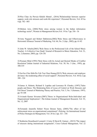 28.Wee Chan Au Pervaiz Khalid Ahmed , (2016),"Relationships between superior
support, work role stressors and work-life experience", Personnel Review, Vol. 45 Iss
4 pp. 782 - 803
29.Mohsin Aziz, (2004),"Role stress among women in the Indian information
technology sector", Women in Management Review,Vol. 19 Iss 7 pp. 356 - 36
30.Arne Nygaard and Robert Dahlstrom,(2002),”Role Stress and Effectiveness in
Horizontal Alliances”Journal of Marketing, Vol. 66, No. 2 (Apr., 2002), pp. 61-82
31.John W. Scheib,(2003),”Role Stress in the Professional Life of the School Music
Teacher: A Collective Case Study”,Journal of Research in Music Education, Vol. 51,
No. 2 (Summer, 2003), pp. 124-136
32.Poonam Mital (1995),”Role Stress with Its Actual and Desired Modes of Conflict
Resolution”,Indian Journal of Industrial Relations, Vol. 30, No. 3 (Jan., 1995), pp.
308-319
33.Su-Fen Chiu Shih-Pin Yeh Tun Chun Huang,(2015),"Role stressors and employee
deviance: the moderating effect of social support", Personnel Review, Vol. 44 Iss 2 pp.
308 - 324
34.James A. Roberts, Richard S. Lapidus and Lawrence B. Chonko, (1997),”Sales
people and Stress: The Moderating Role of Locus of Control on Work Stressors and
Felt Stress”,Journal of Marketing Theory and Practice, Vol. 5, No. 3 (Summer, 1997),
pp. 93-108
35.Avinash Kumar Srivastav,(2007),”Stress in Organizational Roles:Individual and
Organizational Implications”, The Icfaian Journal of Management Research, Vol. VI,
No. 12, 2007
36.Fernando Jaramillo Robert Nixon Doreen Sams, (2005),"The effect of law
enforcement stress on organizational commitment", Policing: An International Journal
of Police Strategies & Management, Vol. 28 Iss 2 pp. 321 - 336
37.Katherine Rosenbusch Leonard J. Cerny II David R. Earnest , (2015),"The impact
of stressors during international assignments", Cross Cultural Management, Vol. 22
 