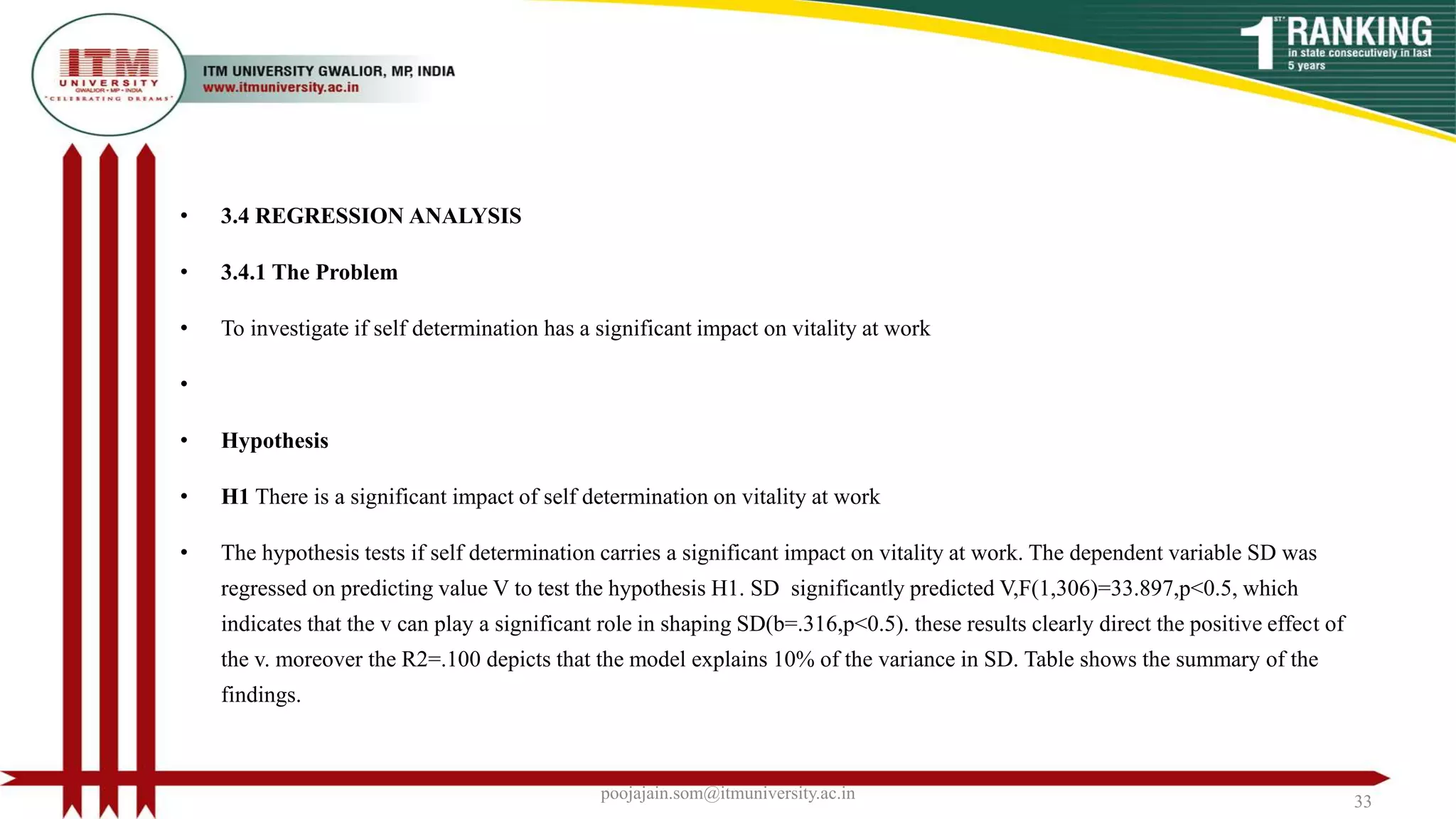 • 3.4 REGRESSION ANALYSIS
• 3.4.1 The Problem
• To investigate if self determination has a significant impact on vitality at work
•
• Hypothesis
• H1 There is a significant impact of self determination on vitality at work
• The hypothesis tests if self determination carries a significant impact on vitality at work. The dependent variable SD was
regressed on predicting value V to test the hypothesis H1. SD significantly predicted V,F(1,306)=33.897,p<0.5, which
indicates that the v can play a significant role in shaping SD(b=.316,p<0.5). these results clearly direct the positive effect of
the v. moreover the R2=.100 depicts that the model explains 10% of the variance in SD. Table shows the summary of the
findings.
poojajain.som@itmuniversity.ac.in 33
 
