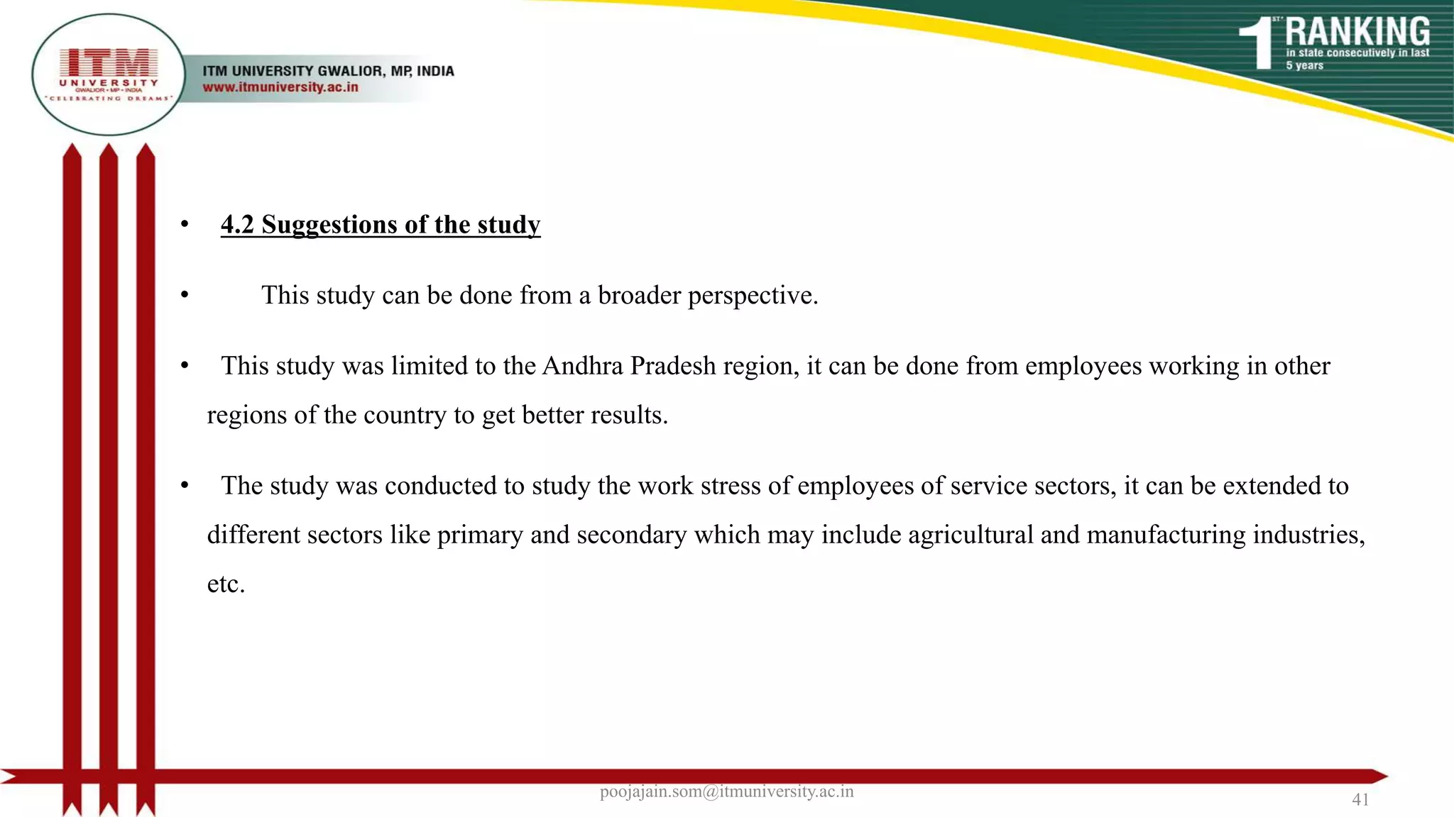 • 4.2 Suggestions of the study
• This study can be done from a broader perspective.
• This study was limited to the Andhra Pradesh region, it can be done from employees working in other
regions of the country to get better results.
• The study was conducted to study the work stress of employees of service sectors, it can be extended to
different sectors like primary and secondary which may include agricultural and manufacturing industries,
etc.
poojajain.som@itmuniversity.ac.in 41
 