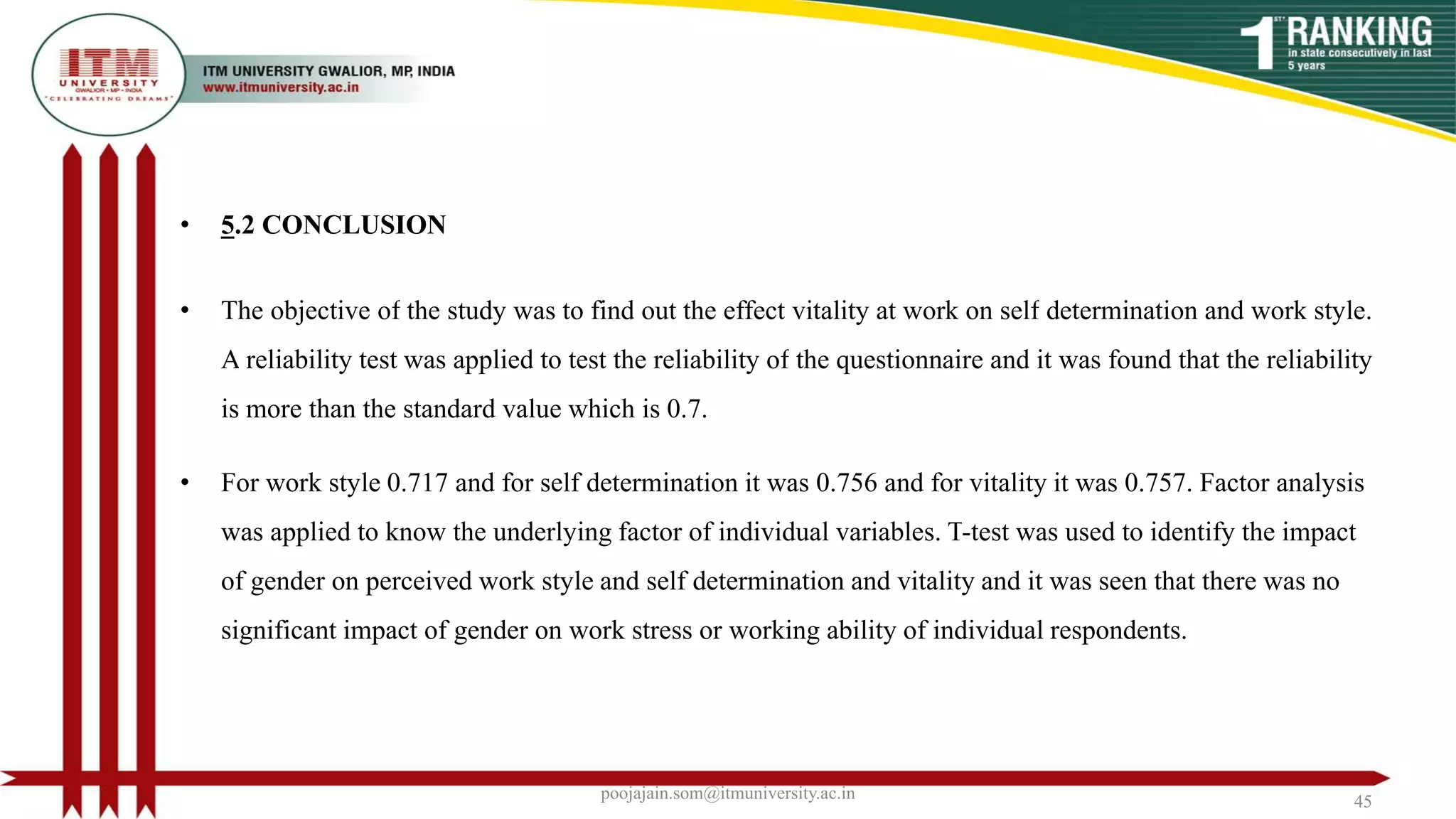 • 5.2 CONCLUSION
• The objective of the study was to find out the effect vitality at work on self determination and work style.
A reliability test was applied to test the reliability of the questionnaire and it was found that the reliability
is more than the standard value which is 0.7.
• For work style 0.717 and for self determination it was 0.756 and for vitality it was 0.757. Factor analysis
was applied to know the underlying factor of individual variables. T-test was used to identify the impact
of gender on perceived work style and self determination and vitality and it was seen that there was no
significant impact of gender on work stress or working ability of individual respondents.
poojajain.som@itmuniversity.ac.in 45
 
