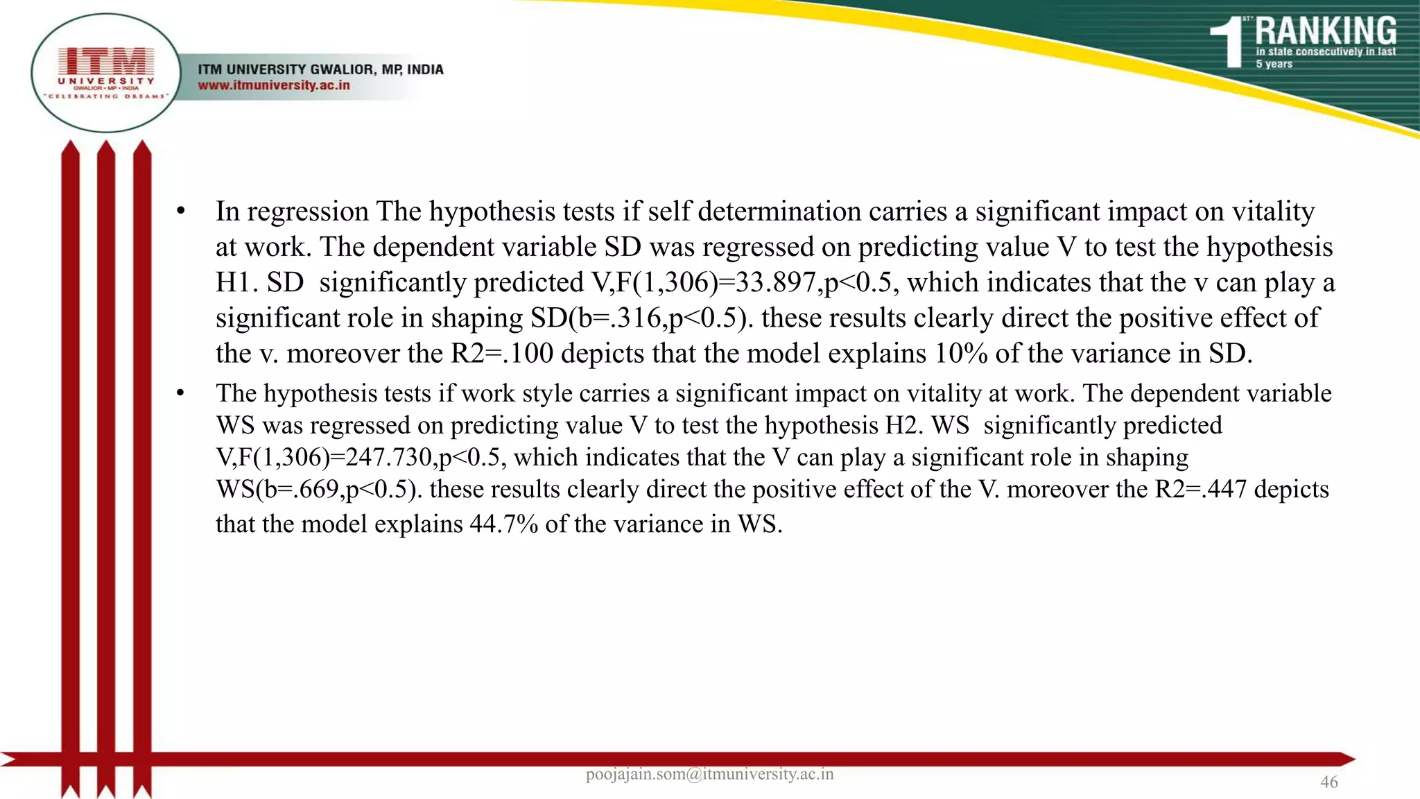 • In regression The hypothesis tests if self determination carries a significant impact on vitality
at work. The dependent variable SD was regressed on predicting value V to test the hypothesis
H1. SD significantly predicted V,F(1,306)=33.897,p<0.5, which indicates that the v can play a
significant role in shaping SD(b=.316,p<0.5). these results clearly direct the positive effect of
the v. moreover the R2=.100 depicts that the model explains 10% of the variance in SD.
• The hypothesis tests if work style carries a significant impact on vitality at work. The dependent variable
WS was regressed on predicting value V to test the hypothesis H2. WS significantly predicted
V,F(1,306)=247.730,p<0.5, which indicates that the V can play a significant role in shaping
WS(b=.669,p<0.5). these results clearly direct the positive effect of the V. moreover the R2=.447 depicts
that the model explains 44.7% of the variance in WS.
poojajain.som@itmuniversity.ac.in 46
 