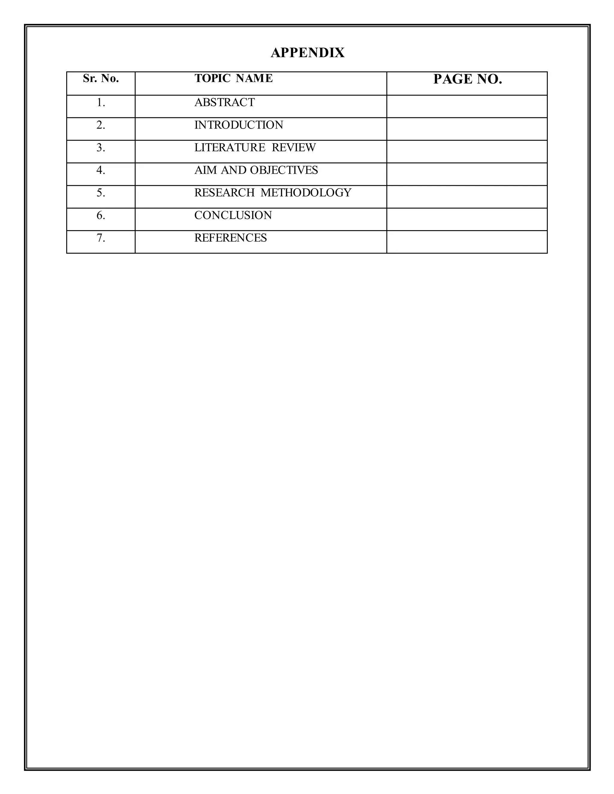 APPENDIX
Sr. No. TOPIC NAME PAGE NO.
1. ABSTRACT
2. INTRODUCTION
3. LITERATURE REVIEW
4. AIM AND OBJECTIVES
5. RESEARCH METHODOLOGY
6. CONCLUSION
7. REFERENCES
 