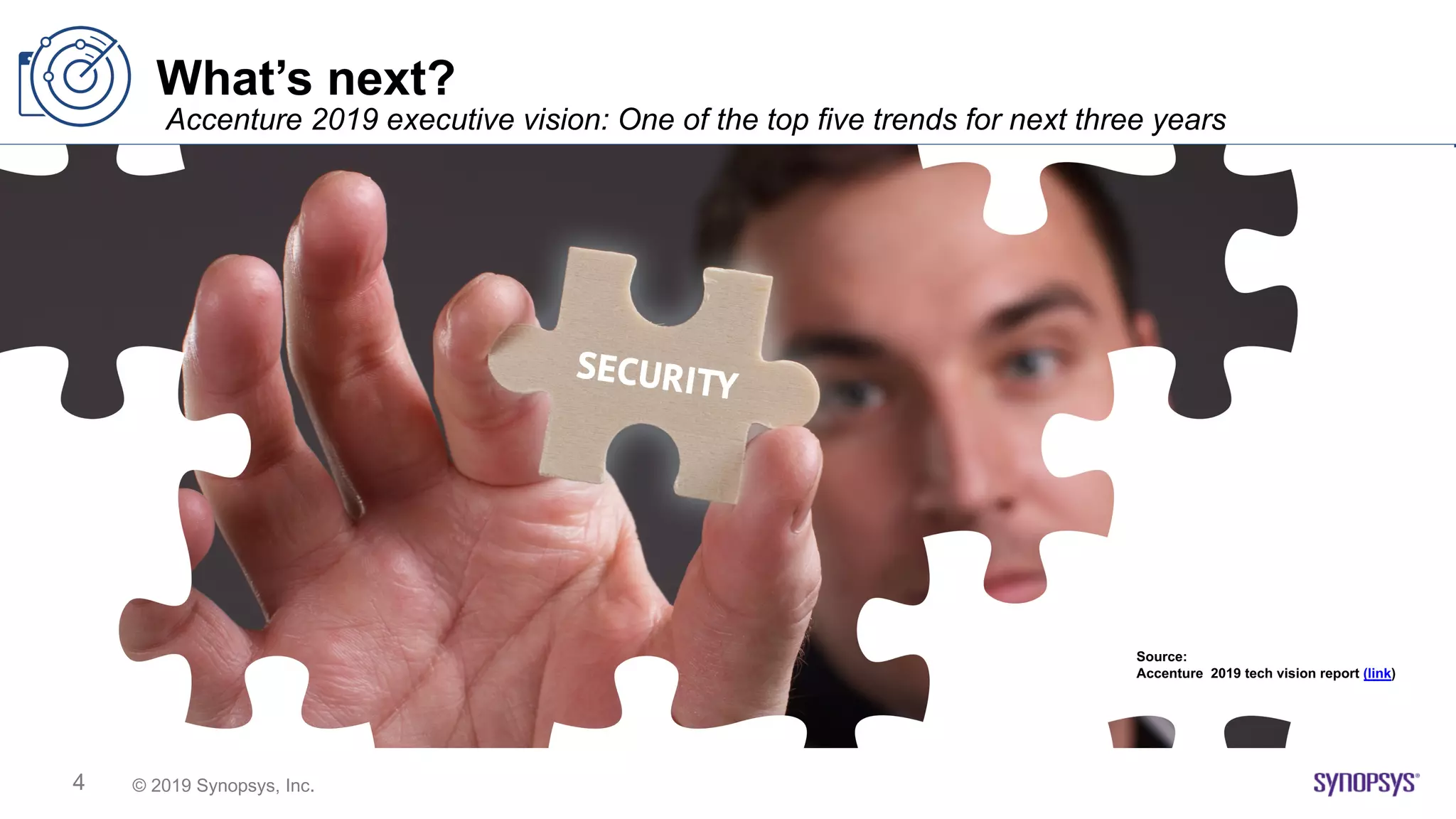 © 2019 Synopsys, Inc.4
What’s next?
Accenture 2019 executive vision: One of the top five trends for next three years
Increased risks and complexity
Enterprises are not just potential
victims, but others’ vectors
Importance of cybersecurity
One of top 5 trends for next 3years
source: Accenture 2019 Technology Vision survey with over 6k business and IT execs
Source:
Accenture 2019 tech vision report (link)
 