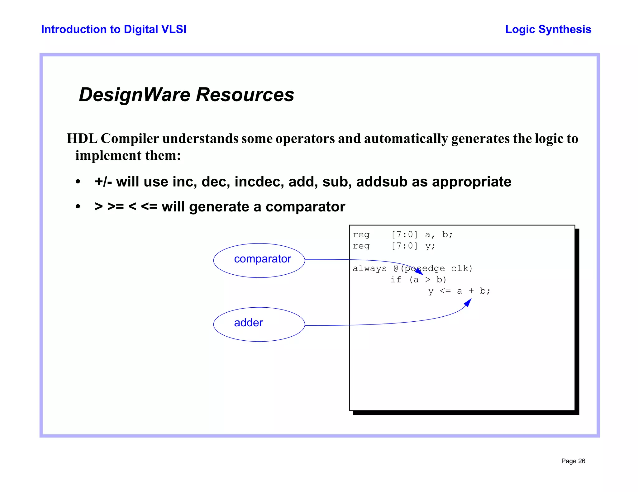 Logic Synthesis
Page 26
Introduction to Digital VLSI
DesignWare Resources
HDL Compiler understands some operators and automatically generates the logic to
implement them:
• +/- will use inc, dec, incdec, add, sub, addsub as appropriate
• > >= < <= will generate a comparator
reg [7:0] a, b;
reg [7:0] y;
always @(posedge clk)
if (a > b)
y <= a + b;
comparator
adder
 
