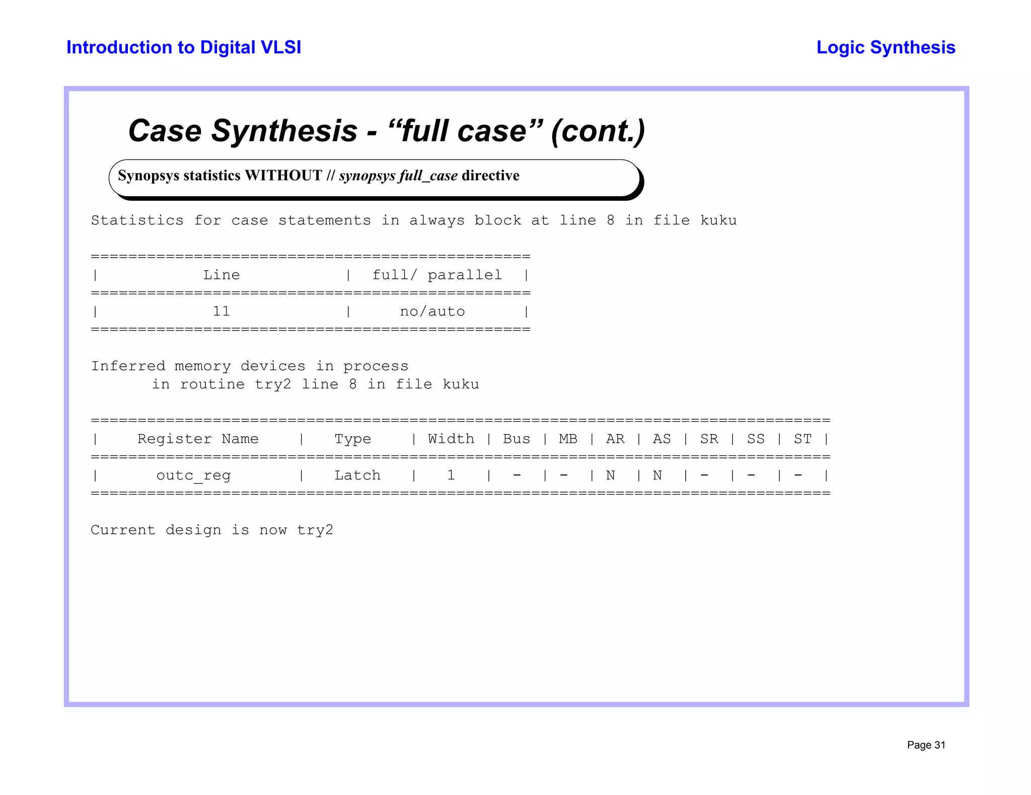 Logic Synthesis
Page 31
Introduction to Digital VLSI
Case Synthesis - “full case” (cont.)
Synopsys statistics WITHOUT // synopsys full_case directive
Statistics for case statements in always block at line 8 in file kuku
===============================================
| Line | full/ parallel |
===============================================
| 11 | no/auto |
===============================================
Inferred memory devices in process
in routine try2 line 8 in file kuku
===============================================================================
| Register Name | Type | Width | Bus | MB | AR | AS | SR | SS | ST |
===============================================================================
| outc_reg | Latch | 1 | - | - | N | N | - | - | - |
===============================================================================
Current design is now try2
 