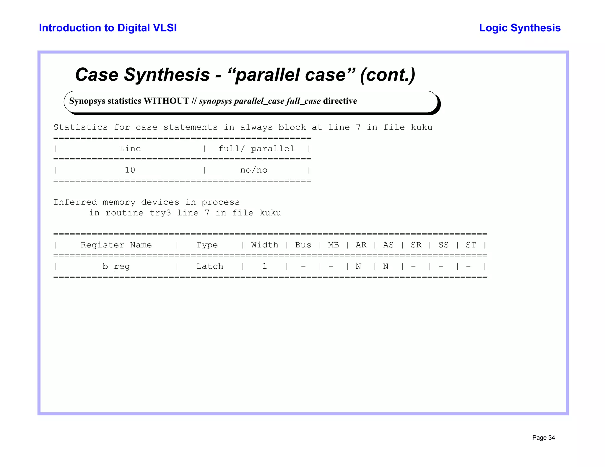 Logic Synthesis
Page 34
Introduction to Digital VLSI
Case Synthesis - “parallel case” (cont.)
Synopsys statistics WITHOUT // synopsys parallel_case full_case directive
Statistics for case statements in always block at line 7 in file kuku
===============================================
| Line | full/ parallel |
===============================================
| 10 | no/no |
===============================================
Inferred memory devices in process
in routine try3 line 7 in file kuku
===============================================================================
| Register Name | Type | Width | Bus | MB | AR | AS | SR | SS | ST |
===============================================================================
| b_reg | Latch | 1 | - | - | N | N | - | - | - |
===============================================================================
 