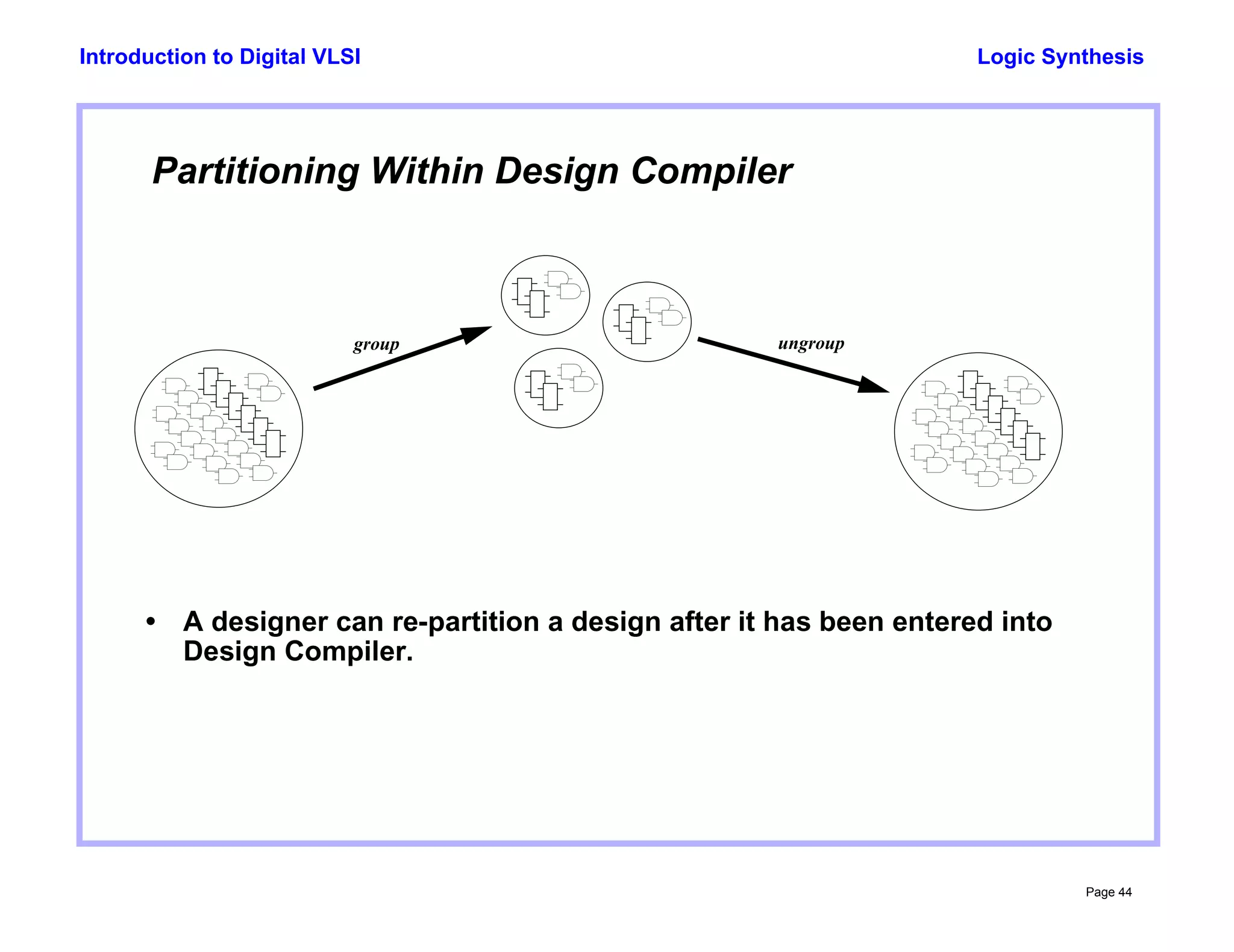 Logic Synthesis
Page 44
Introduction to Digital VLSI
Partitioning Within Design Compiler
• A designer can re-partition a design after it has been entered into
Design Compiler.
group ungroup
 