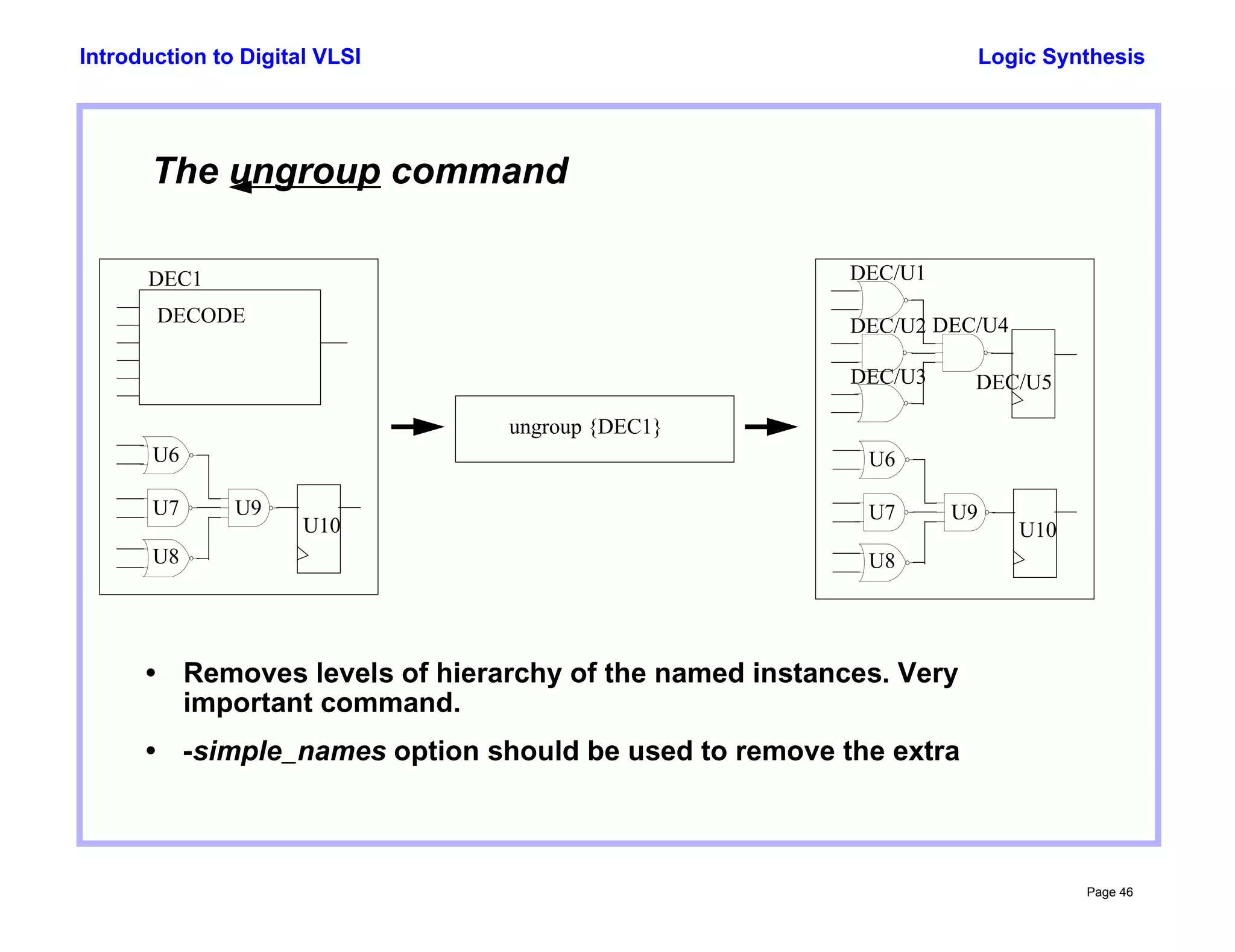 Logic Synthesis
Page 46
Introduction to Digital VLSI
The ungroup command
• Removes levels of hierarchy of the named instances. Very
important command.
• -simple_names option should be used to remove the extra
DEC/U2
DEC/U3
DEC/U4
DEC/U5
U6
U7
U8
U9
U10
ungroup {DEC1}
U6
U7
U8
U9
U10
DECODE
DEC1 DEC/U1
 