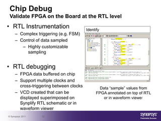 Chip Debug
 Validate FPGA on the Board at the RTL level
• RTL Instrumentation                    Identify
     – Complex triggering (e.g. FSM)
     – Control of data sampled
        – Highly customizable
          sampling


• RTL debugging
     – FPGA data buffered on chip
     – Support multiple clocks and
       cross-triggering between clocks           Data “sample” values from
     – VCD created that can be                 FPGA annotated on top of RTL
       displayed superimposed on                   or in waveform viewer
       Synplify RTL schematic or in
       waveform viewer
© Synopsys 2011   12
 
