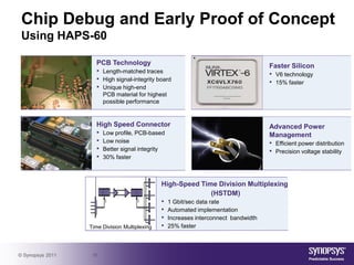 Chip Debug and Early Proof of Concept
 Using HAPS-60

                    PCB Technology                                                    Faster Silicon
                    • Length-matched traces                                           • V6 technology
                    • High signal-integrity board                                     • 15% faster
                    • Unique high-end
                        PCB material for highest
                        possible performance


                    High Speed Connector                                              Advanced Power
                    •   Low profile, PCB-based                                        Management
                    •   Low noise                                                     • Efficient power distribution
                    •   Better signal integrity                                       • Precision voltage stability
                    •   30% faster



                                               High-Speed Time Division Multiplexing
                                                             (HSTDM)
                                               •   1 Gbit/sec data rate
                                               •   Automated implementation
                                               •   Increases interconnect bandwidth
                  Time Division Multiplexing   •   25% faster



© Synopsys 2011    16
 