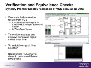 Verification and Equivalence Checks
 Synplify Premier Display /Selection of VCS Simulation Data


• View selected simulation
  results from VCS
      – Annotated on device pins in
        Synplify HDL Analyst Schematic
        Viewer
      – In WaveForm Viewer

• Time-slider updates and
  displays annotated signal
  values over time

• Tcl scriptable signal /time
  selection

• Use multiple HDL Analyst
  views to compare different
  simulations

© Synopsys 2011    24
 
