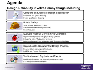 Agenda
   Design Reliability involves many things including
                  Complete and Accurate Design Specification
                  Constraints and syntax checking
                  Design specification checking


                  Built in Safety
                  Triple Modular Redundancy (TMR)
                  Safe Finite State Machines (Safe FSMs)
                  Power Reduction

                  Evaluate / Debug Correct Chip Operation
                  Implement and preserve debug logic during synthesis
                  Debug chip at the RTL Level in Hardware
                  Debug and Develop Proof of Concept using Prototyping Hardware


                  Reproducible, Documented Design Process
                  Documentation, Archiving and Restoration
                  DO-254 and Process Compliance


                  Verification and Equivalence Checks
                  Disabling optimizations that obstruct requirements tracing
                  RTL debug in operating hardware


© Synopsys 2011    3
 