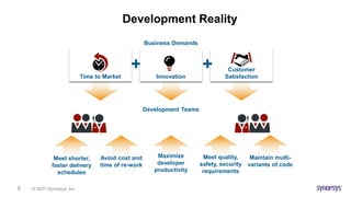 © 2021 Synopsys, Inc.
8
Development Reality
Business Demands
Development Teams
+
Time to Market
Customer
Satisfaction
Inno...