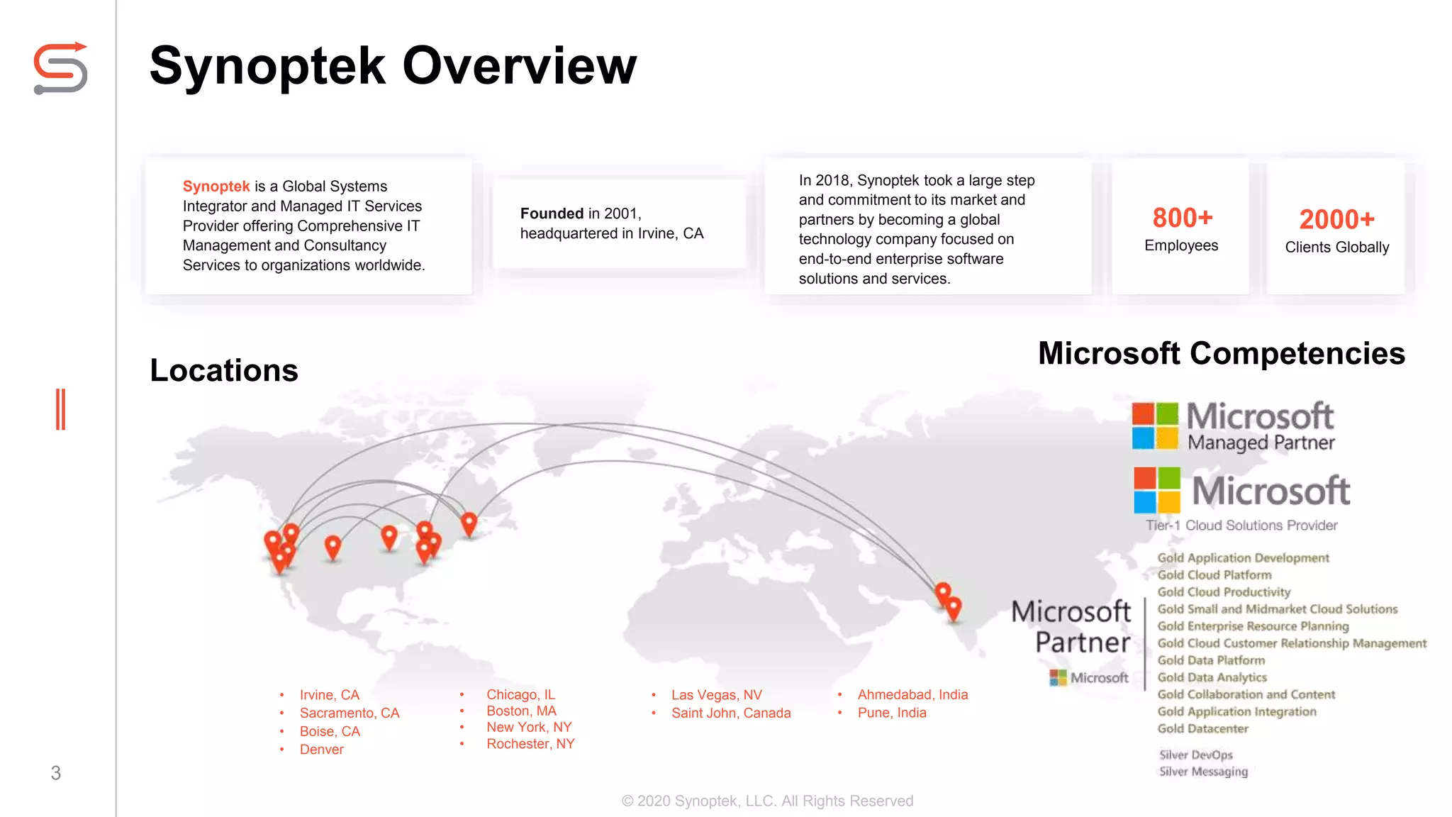 © 2020 Synoptek, LLC. All Rights Reserved
Synoptek Overview
3
Founded in 2001,
headquartered in Irvine, CA
In 2018, Synoptek took a large step
and commitment to its market and
partners by becoming a global
technology company focused on
end-to-end enterprise software
solutions and services.
Employees
• Irvine, CA
• Sacramento, CA
• Boise, CA
• Denver
• Chicago, IL
• Boston, MA
• New York, NY
• Rochester, NY
• Las Vegas, NV
• Saint John, Canada
• Ahmedabad, India
• Pune, India
800+
Clients Globally
2000+
Locations
Synoptek is a Global Systems
Integrator and Managed IT Services
Provider offering Comprehensive IT
Management and Consultancy
Services to organizations worldwide.
Microsoft Competencies
 
