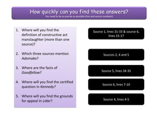 Starter:Name the case, and match the case with the area!I know how I’ll get a new house… and lose my familyConstructive Act Bump! Any chance I could actually get in the car?How nice am I? Have a lovely syringeSecond time luckyGross NegligenceLovely belt… tighter… tighter…How do you tell they’re dead again? Splash!Doctors can make some mistakes legally.Reckless ActI can see a vein…Eye’d not idea you were such a failure as a doctorWhite van driver... 