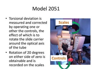Model 2051
• Torsional deviation is
measured and corrected
by operating one or
other the controls, the
effect of which is to
rotate the slide carrier
around the optical axis
of the tube
• Rotation of 20 degrees
on either side of zero is
obtainable and is
recorded on the scales
 