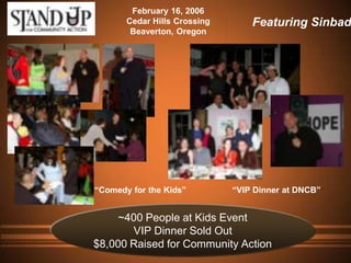 February 16, 2006
       Cedar Hills Crossing       Featuring Sinbad
        Beaverton, Oregon




“Comedy for the Kids”         “VIP Dinner at DNCB”


     ~400 People at Kids Event
       VIP Dinner Sold Out
$8,000 Raised for Community Action
 