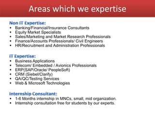 Areas which we expertise
 Banking/Financial/Insurance Consultants
 Equity Market Specialists
 Sales/Marketing and Market Research Professionals
 Finance/Accounts Professionals/ Civil Engineers
 HR/Recruitment and Administration Professionals
 Business Applications
 Telecom/ Embedded / Avionics Professionals
 ERP(SAP/Oracle/ PeopleSoft)
 CRM (Siebel/Clarify)
 QA/QC/Testing Services
 Web & Microsoft Technologies
 1-6 Months internship in MNCs, small, mid organization.
 Internship consultation free for students by our experts.
 