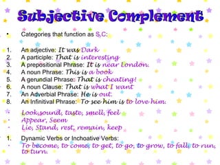 • Categories that function as S.C:
1. An adjective: It was Dark
2. A participle: That is interesting
3. A prepositional Phrase: It is near London.
4. A noun Phrase: This is a book
5. A gerundial Phrase: That is cheating!
6. A noun Clause: That is what I want
7. An Adverbial Phrase: He is out.
8. An Infinitival Phrase: To see him is to love him.
• Look,sound, taste, smell, feel
• Appear, Seem
• Lie, Stand, rest, remain, keep
1. Dynamic Verbs or Inchoative Verbs:
• To become, to come, to get, to go, to grow, to fall, to run,
to turn.
 