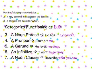 Has the following characteristics: It may become the subject of the passive. It answers the question “What”. Categories Functioning as  D.O: A Noun Phrase     He has lit  a cigarret . A Pronoun    Don’t hit  me . A Gerund     He loves  reading  . An Infinitive     I want  to go away . A Noun Clause     Describe  what you saw 