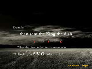 Example:
then sent the King the dish
V S O
When the direct object was a pronoun in
Old English, the S V O order is typical.
Dr. Elsie L. Dajao
 