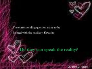 The corresponding question came to be
formed with the auxiliary Do as in:
Do they can speak the reality?
Dr. Elsie L. Dajao
 