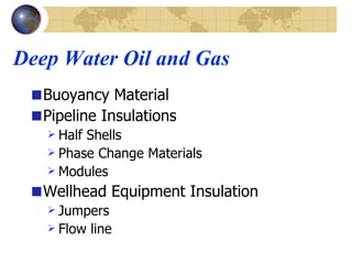 Deep Water Oil and Gas Buoyancy Material Pipeline Insulations Half Shells Phase Change Materials  Modules Wellhead Equipment Insulation Jumpers Flow line 