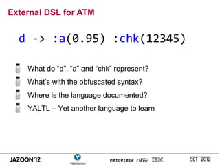 External DSL for ATM


  d -> :a(0.95) :chk(12345)

    What do “d”, “a” and “chk” represent?
    What’s with the obfuscated syntax?
    Where is the language documented?
    YALTL – Yet another language to learn
 